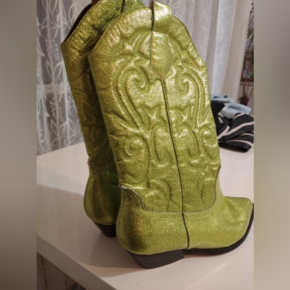 ISO - ASOS Andi Flat Western Knee Boot in Glitter Green